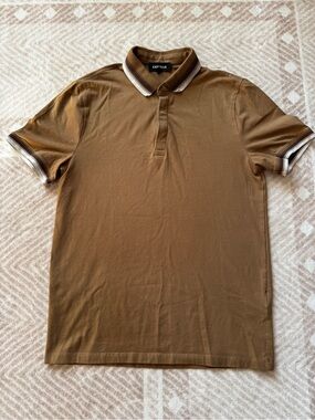 Express Men's Brown Polo with Striped Collar and Cuff